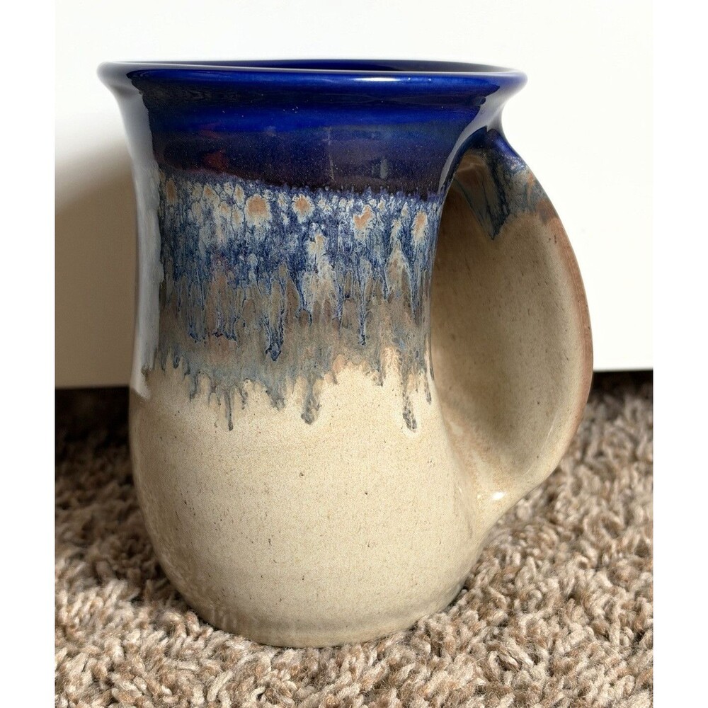Studio Pottery Hand Warmer Mug Cobalt Blue Drip Glaze Stoneware 2025